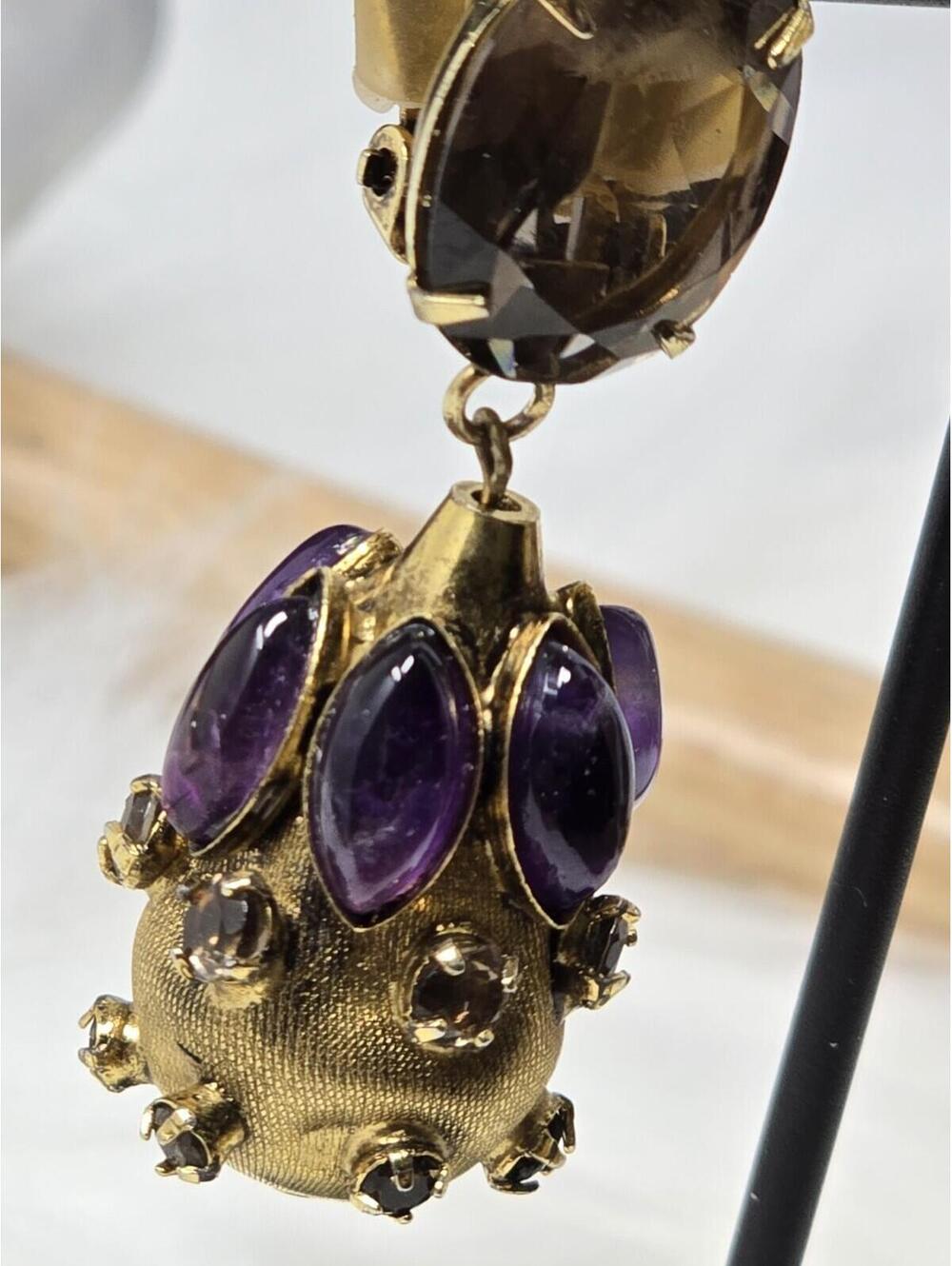 Vintage Amethyst Cabochon Dangle Drop Clip Earrings Estate - Picture 3 of 9